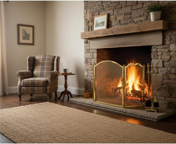 Parascintille per camino 3 ante in Ottone 75xh40 cm lavorazione artigianale in ottone pieno stile classico, rete ottone