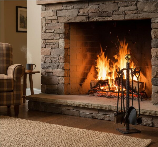 Gruppo per camino in Ferro battuto base quadrata 28xh58 cm - Peso 2,9 kg 5 pezzi Pomo Ottone lavorazione artigianale in stile classico made In Italy 100x100