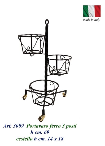Porta vaso in ferro Battuto, 3 Posti Dimensioni h 69 cm - cestello x vasi in ferro battuto �18xh 14 cm colore nero
