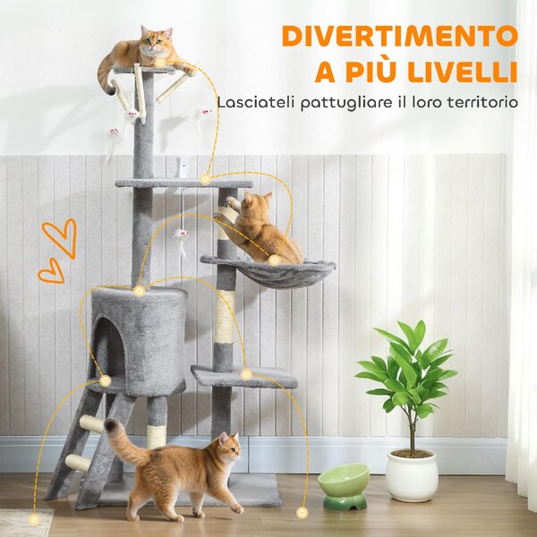 AllMyPets Torre per Gatti Tiragraffi con Casetta Trespolo Piattaforme e 4 Topolini in Legno Peluche e Sisal 60x35x134 cm colore Grigio
