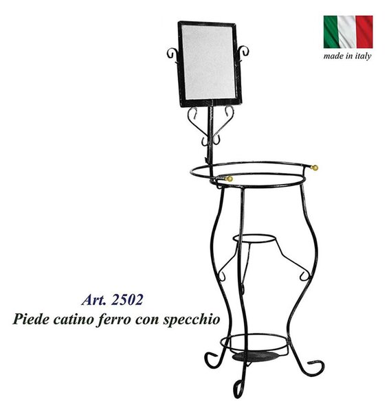 Porta catino in ferro Battuto con Specchio Altezza 113-86 cm -in ferro battuto con tre piedi e invaso per la brocca pomellini in ottone lucido