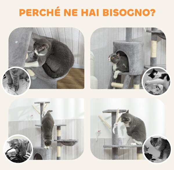 AllMyPets Torre per Gatti Tiragraffi con Casetta Trespolo Piattaforme e 4 Topolini in Legno Peluche e Sisal 60x35x134 cm colore Grigio