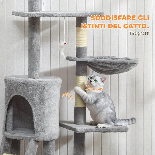 AllMyPets Torre per Gatti Tiragraffi con Casetta Trespolo Piattaforme e 4 Topolini in Legno Peluche e Sisal 60x35x134 cm colore Grigio
