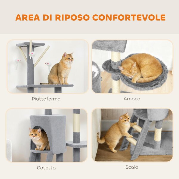 AllMyPets Torre per Gatti Tiragraffi con Casetta Trespolo Piattaforme e 4 Topolini in Legno Peluche e Sisal 60x35x134 cm colore Grigio