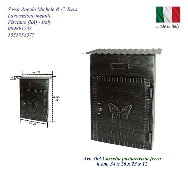 Cassetta per Posta In ferro Battuto modello RIVISTA Lavorazione Artigianale trattamento x Esterno 27x13xh 39 cm con 2 chiavi di chiusura colore nero