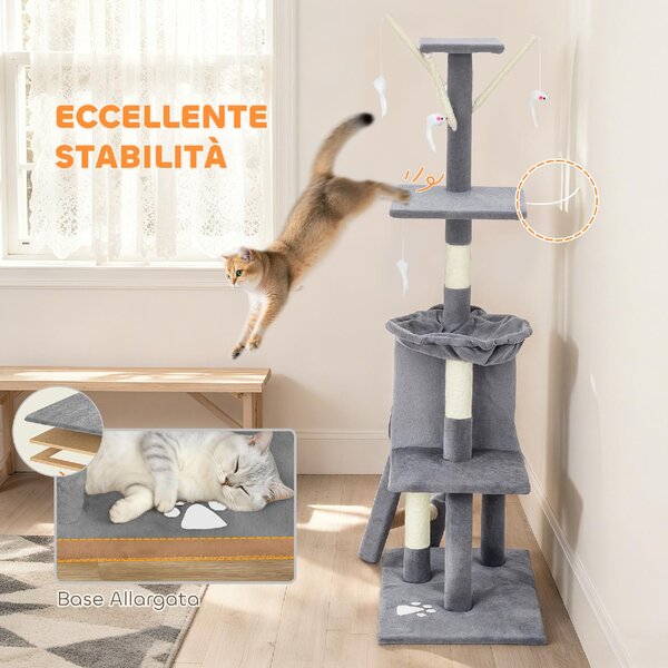 AllMyPets Torre per Gatti Tiragraffi con Casetta Trespolo Piattaforme e 4 Topolini in Legno Peluche e Sisal 60x35x134 cm colore Grigio