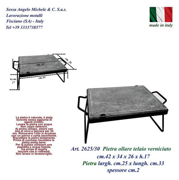 Bistecchiera in pietra ollare telaio in Ferro Dimensioni 25x33 cm Spessore pietra ollare 2 cm piedi pieghevoli ideale per cotture alla piastra, bistecche, selvaggina