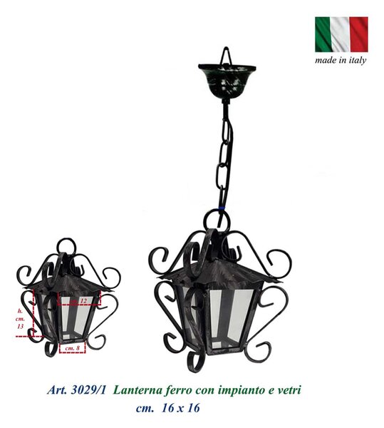 Lanterna da soffitto con catena In ferro Battuto MOD SMALL 16x16xh30 cm - peso 1,4 kg ,Lampada mod E27 interno esterno con vetri e impianto colore nero