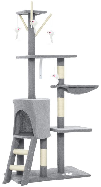 AllMyPets Torre per Gatti Tiragraffi con Casetta Trespolo Piattaforme e 4 Topolini in Legno Peluche e Sisal 60x35x134 cm colore Grigio