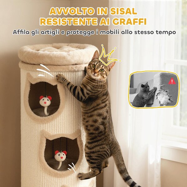 AllMyPets Torre Tiragraffi per Gatti Alta 96 cm con 3 Casette e Lettino Superiore Rimovibile e Lavabile colore Crema - R537CW