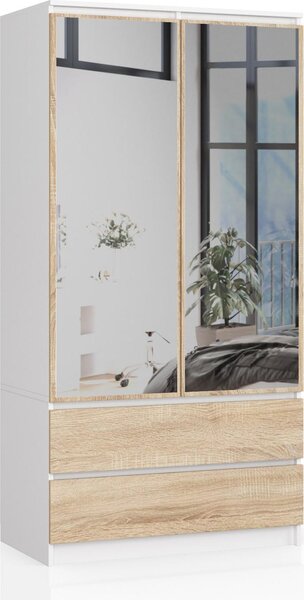 Akord Armadio 2 Ante 2 Cassetti 2 Specchi Bianco-Rovere Sonoma 90X51X180 Cm