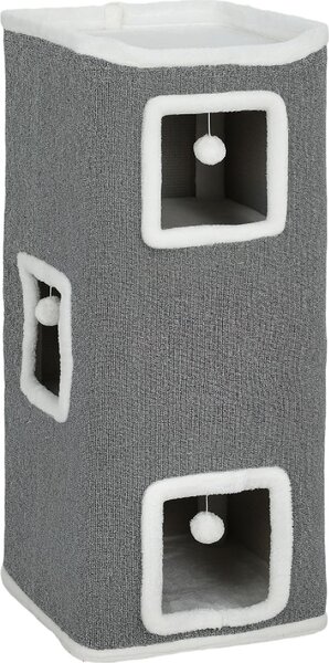 AllMyPets Torre Tiragraffi per Gatti con 3 Casette, 3 Palline e Posatoio, in Legno, Tessuto e Peluche, 41x41x100 cm colore Grigio/Bianco - R538GY