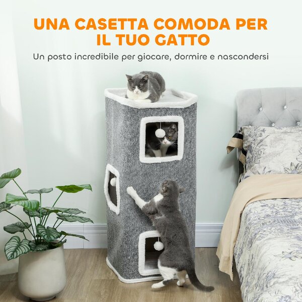 AllMyPets Torre Tiragraffi per Gatti con 3 Casette, 3 Palline e Posatoio, in Legno, Tessuto e Peluche, 41x41x100 cm colore Grigio/Bianco - R538GY