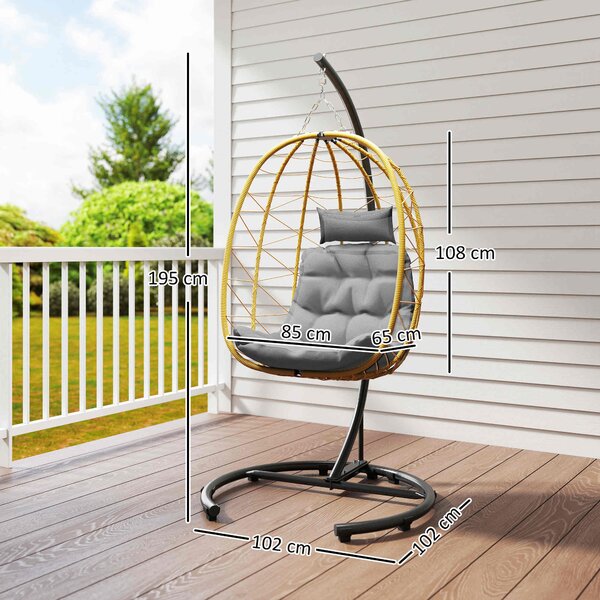 Outsunny Poltrona Sospesa e Pieghevole con Cuscini, in Acciaio e Rattan PE, 102x102x195 cm, Nera Grigia e Beige|Aosom