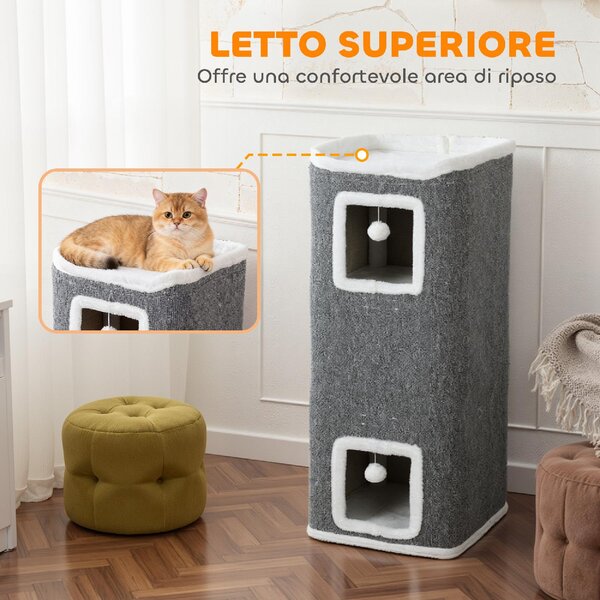 AllMyPets Torre Tiragraffi per Gatti con 3 Casette, 3 Palline e Posatoio, in Legno, Tessuto e Peluche, 41x41x100 cm colore Grigio/Bianco - R538GY