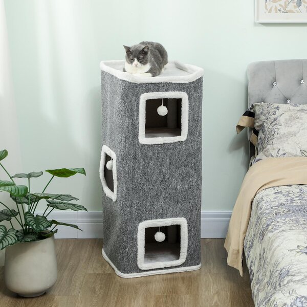 AllMyPets Torre Tiragraffi per Gatti con 3 Casette, 3 Palline e Posatoio, in Legno, Tessuto e Peluche, 41x41x100 cm colore Grigio/Bianco - R538GY