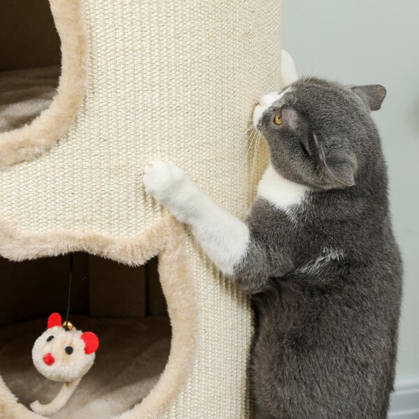 AllMyPets Torre Tiragraffi per Gatti Alta 96 cm con 3 Casette e Lettino Superiore Rimovibile e Lavabile colore Crema - R537CW