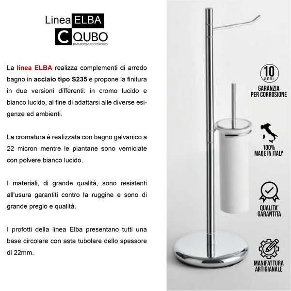 Piantana WC ELBA con Porta scopino in ceramica 26x20xh67 cm porta scopino + porta rotolo cromo lucido Garanzia per anni contro la ruggine