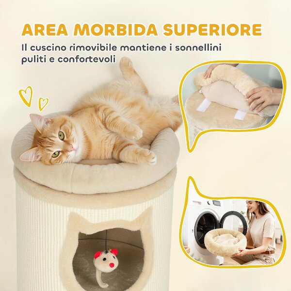 AllMyPets Torre Tiragraffi per Gatti Alta 96 cm con 3 Casette e Lettino Superiore Rimovibile e Lavabile colore Crema - R537CW