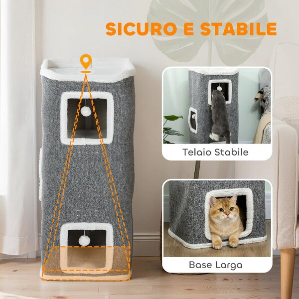 AllMyPets Torre Tiragraffi per Gatti con 3 Casette, 3 Palline e Posatoio, in Legno, Tessuto e Peluche, 41x41x100 cm colore Grigio/Bianco - R538GY