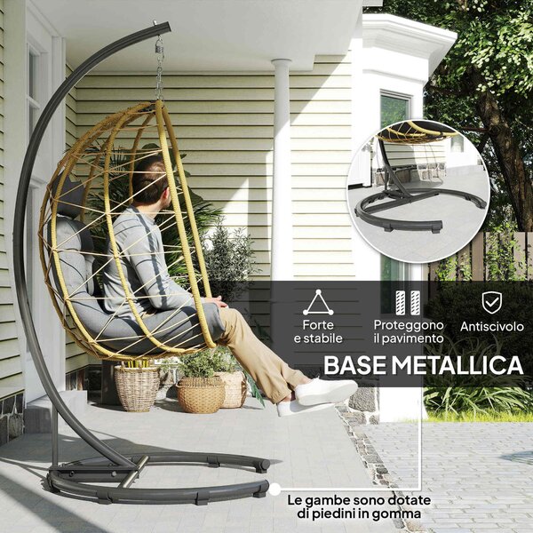 Outsunny Poltrona Sospesa e Pieghevole con Cuscini, in Acciaio e Rattan PE, 102x102x195 cm, Nera Grigia e Beige|Aosom