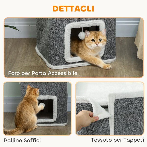 AllMyPets Torre Tiragraffi per Gatti con 3 Casette, 3 Palline e Posatoio, in Legno, Tessuto e Peluche, 41x41x100 cm colore Grigio/Bianco - R538GY