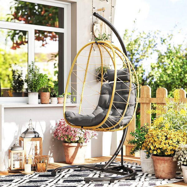 Outsunny Poltrona Sospesa e Pieghevole con Cuscini, in Acciaio e Rattan PE, 102x102x195 cm, Nera Grigia e Beige|Aosom