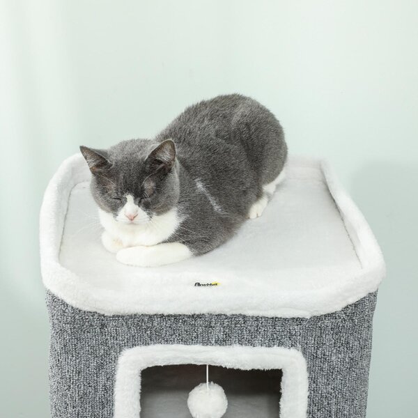 AllMyPets Torre Tiragraffi per Gatti con 3 Casette, 3 Palline e Posatoio, in Legno, Tessuto e Peluche, 41x41x100 cm colore Grigio/Bianco - R538GY