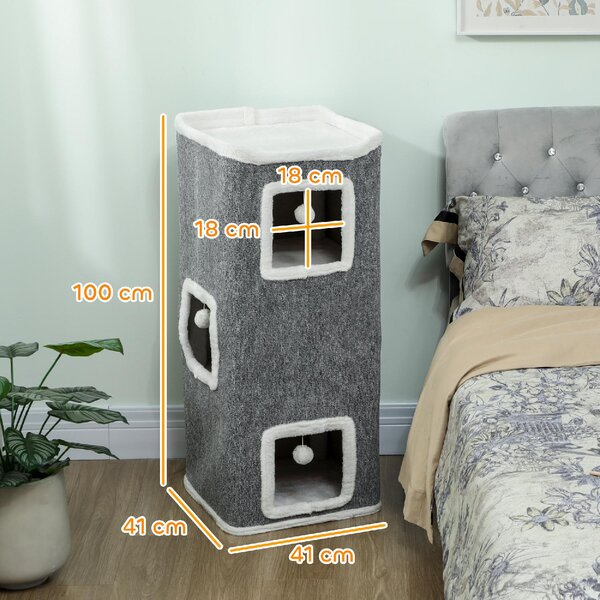 AllMyPets Torre Tiragraffi per Gatti con 3 Casette, 3 Palline e Posatoio, in Legno, Tessuto e Peluche, 41x41x100 cm colore Grigio/Bianco - R538GY