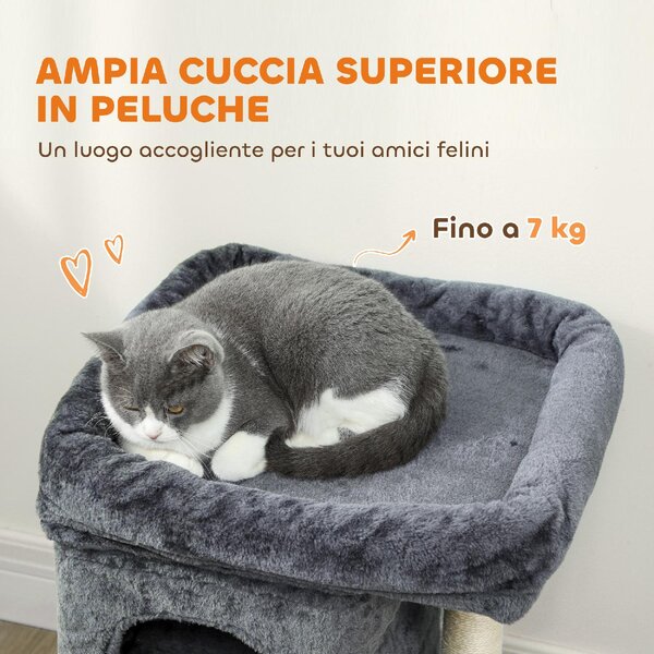 AllMyPets Torre Tiragraffi per Gatti Fino a 7 kg con 2 Casette e Lettino, Palo in Sisal e Rivestimento Peluche colore Grigio Scuro - R539CG