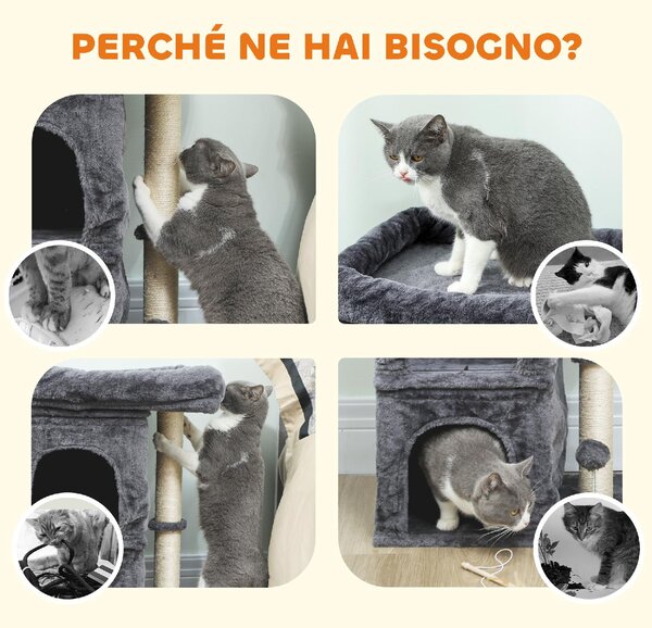AllMyPets Torre Tiragraffi per Gatti Fino a 7 kg con 2 Casette e Lettino, Palo in Sisal e Rivestimento Peluche colore Grigio Scuro - R539CG