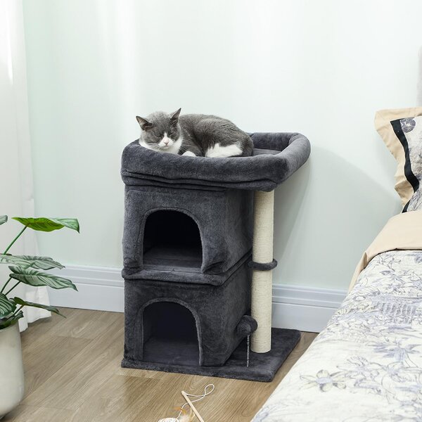 AllMyPets Torre Tiragraffi per Gatti Fino a 7 kg con 2 Casette e Lettino, Palo in Sisal e Rivestimento Peluche colore Grigio Scuro - R539CG