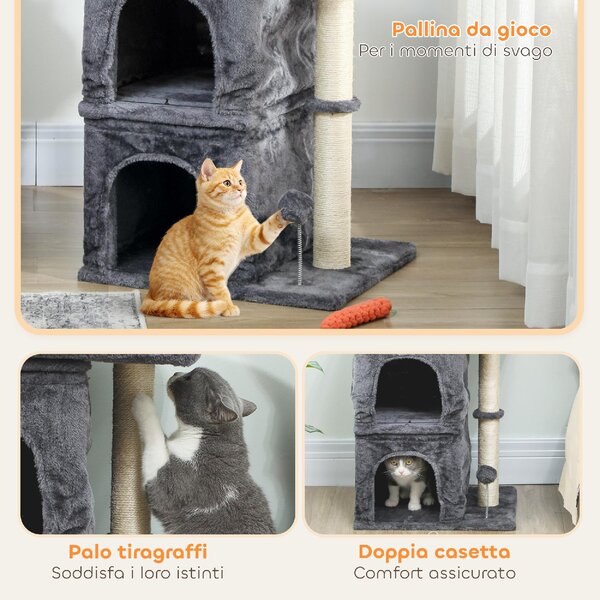 AllMyPets Torre Tiragraffi per Gatti Fino a 7 kg con 2 Casette e Lettino, Palo in Sisal e Rivestimento Peluche colore Grigio Scuro - R539CG