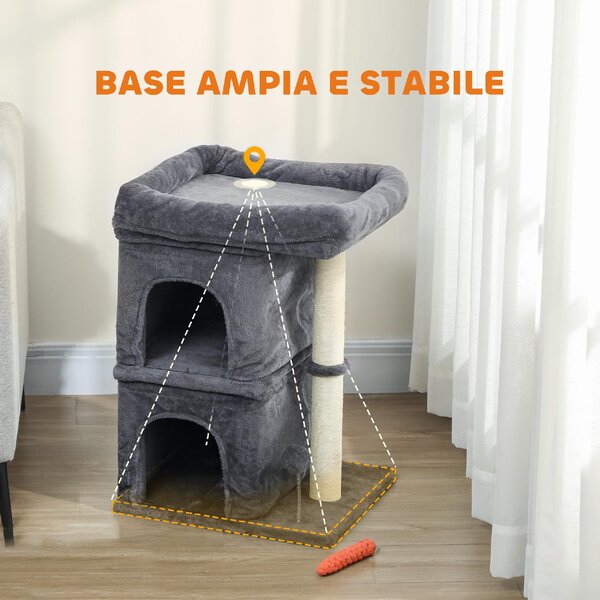 AllMyPets Torre Tiragraffi per Gatti Fino a 7 kg con 2 Casette e Lettino, Palo in Sisal e Rivestimento Peluche colore Grigio Scuro - R539CG