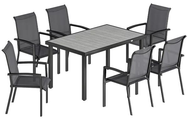 Outsunny Set da Esterno 7pz con Tavolo da Giardino a 2 Sezioni e 6 Sedie Impilabili in Texteline, Grigio | Aosom Italy