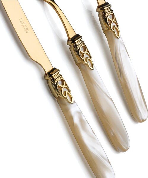 Set Posate 4 pezzi 1 posto tavola posate Gioiello Tutto Oro in acciaio 18/10 manico acrilico madreperlato con ghiera dorata finitura Oro
