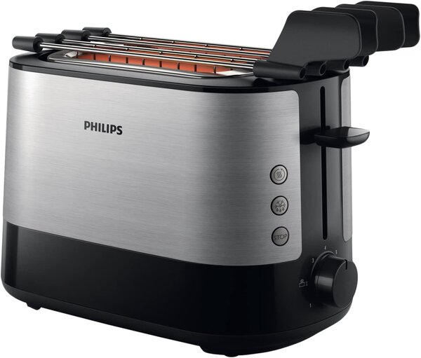 Philips Tostapane 2 Fette Potenza 650 Watt 7 Livelli di cottura Funzione scongelamento e Cassetto fondo Raccoglibriciole colore Nero/Acciaio - HD26