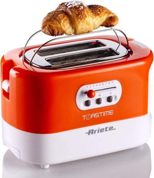 Ariete Tostapane 2 Fette Potenza 700 Watt 9 Livelli di cottura Funzione scongelamento e Vassoio raccoglibriciole colore Bianco/Arancione - 0159 Toa