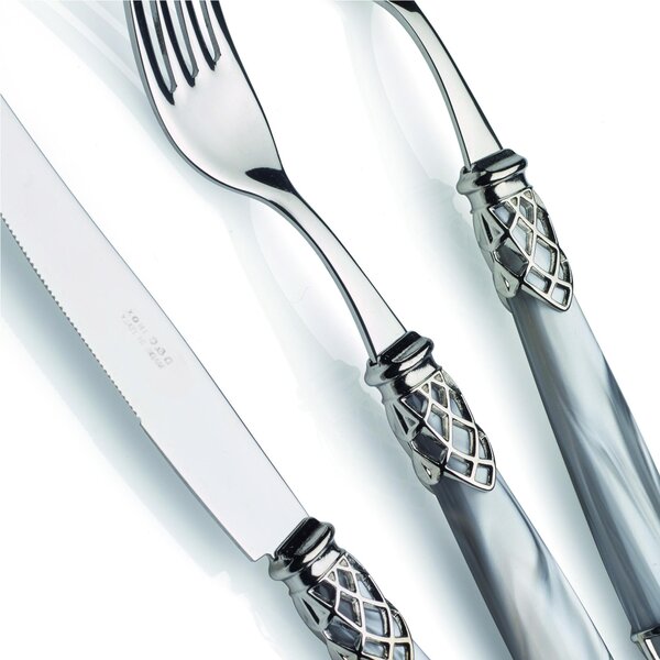 DUBAI LUCIDO, posto tavola, Servizio posate 4 pezzi in acciaio inox 18/10 lucido spessore 2,5 mm Manico in acrilico madreperlato con ghiera in metallo effetto lucido lavabile in lavastoviglie