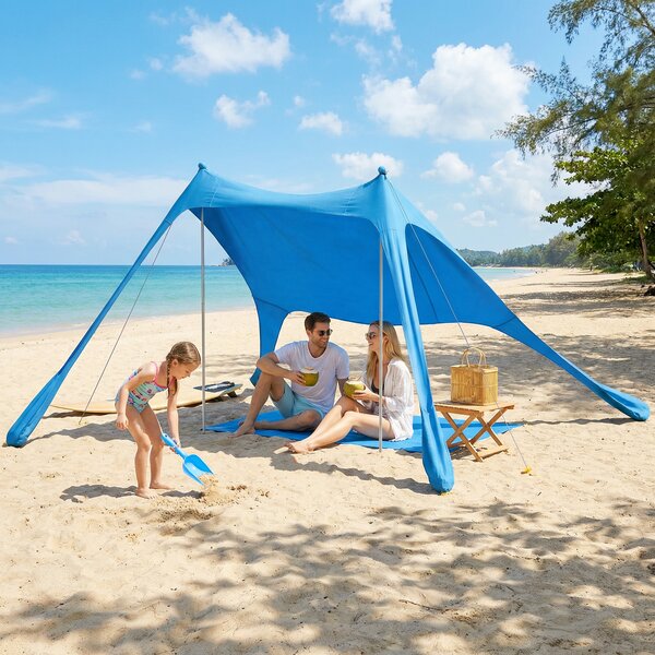Tenda Spiaggia 2-4 Persone Tappetino Pala Protezione Solare UPF50+ Azzurro