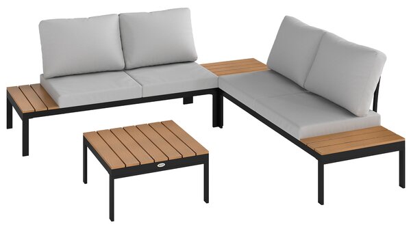 Outsunny Set da Giardino 4 Pezzi con 2 Divanetti 2 Posti e 2 Tavolini in Metallo e Legno Composito, Grigio Nero e Teak