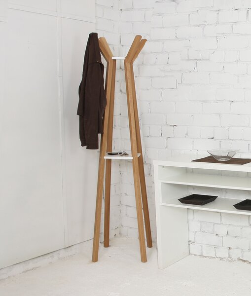 Appendiabiti Everest in legno ingegnerizzato e massiccio, dimensioni 44 x 44 x h180 cm, peso 9 Kg, finitura rovere, bianco