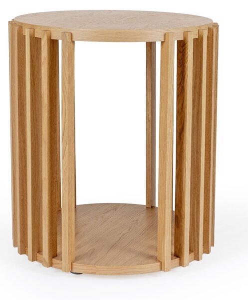 Tavolino drum rovere in legno ingegnerizzato e massiccio, dimensioni 53 x 53 x h58 cm, peso 17 Kg, finitura Quercia