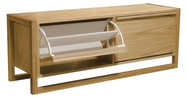 Scarpiera bassa 2 ante NewEst in legno ingegnerizzato e solido, plastica, dimensioni 120 x 38 x h50 cm, peso 31 Kg, finitura quercia