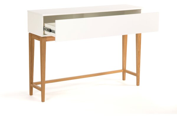 Consolle Blanco in legno ingegnerizzato e massiccio, dimensioni 120 x 32 x h85 cm, peso 22 Kg, finitura bianco, rovere