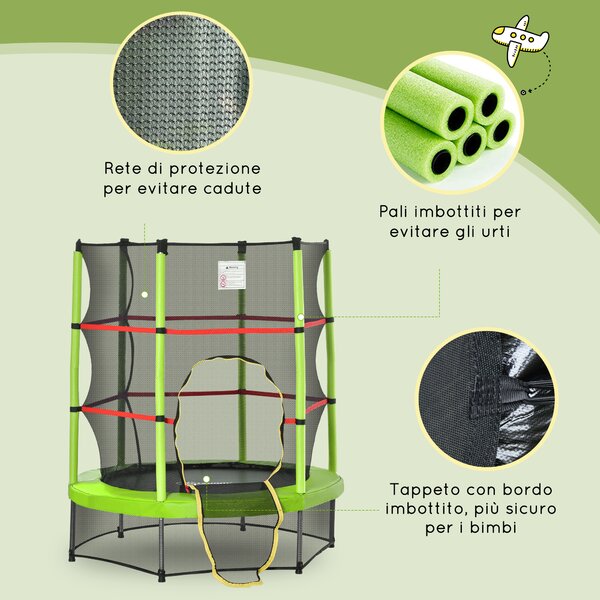 HOMCOM Tappeto Elastico Φ140x160Acm per Bambini da 3 Anni con Rete di Protezione, Trampolino Elastico con Corde Bungee Carico Massimo 45kg|Aosom