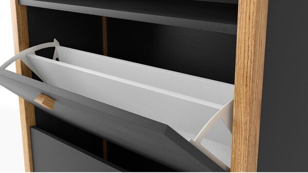 Armadio per scarpe Hannover 2 porte in legno ingegnerizzato e solido, plastica, dimensioni 84 x 26 x h107 cm, peso 26 Kg, finitura grigio scuro, legno