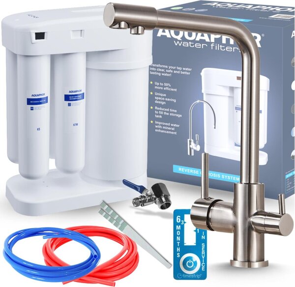 Rubinetto da cucina a 3 vie Ari Venom 1 con collegamento per filtro, doppia canna, girevole, acciaio inox INOX, monocomando