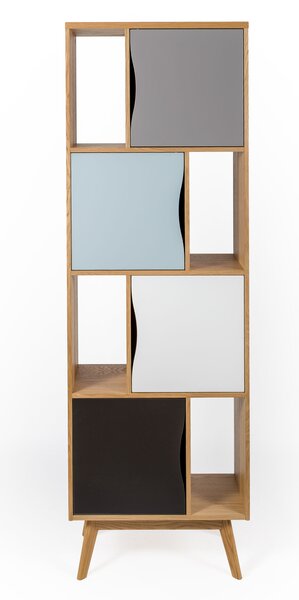 Libreria stretta Avon a stratti in legno ingegnerizzato e massiccio, dimensioni 65 x 35 x h191 cm, peso 40 Kg, finitura rovere, blu, grigio