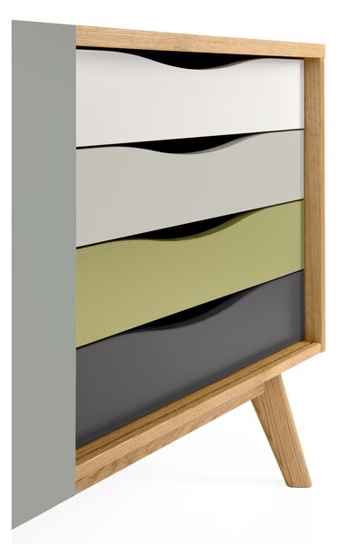 Credenza Avon in legno ingegnerizzato e massiccio, dimensioni 128 x 42 x h71 cm, peso 38 Kg, finitura Abbazia - blu, verde, bianco